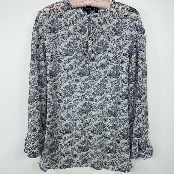 Theory Blouse Sz S  Alrik Avery Silk Peasant Blouse Chiffon Long Sleeve - Picture 2 of 12